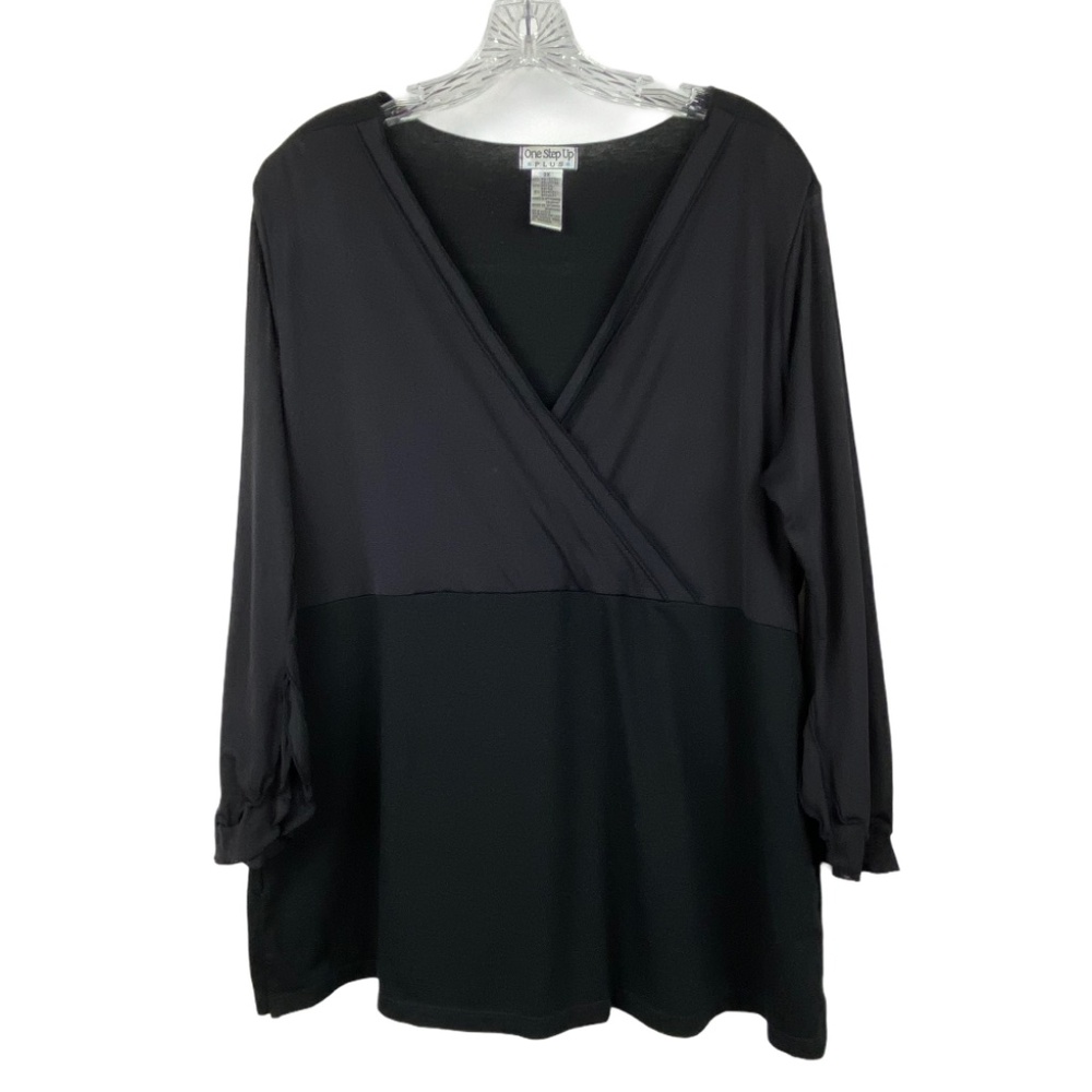3X Black Stretchy V-Neck Tunic Top 3/4 Sleeves
